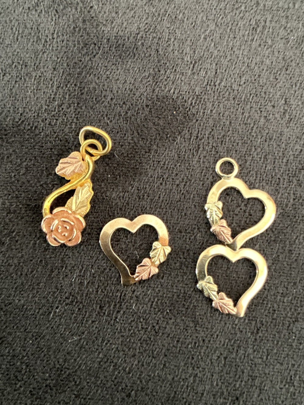 Three 10K Black Hills Gold Charms Hearts Flower Leaf